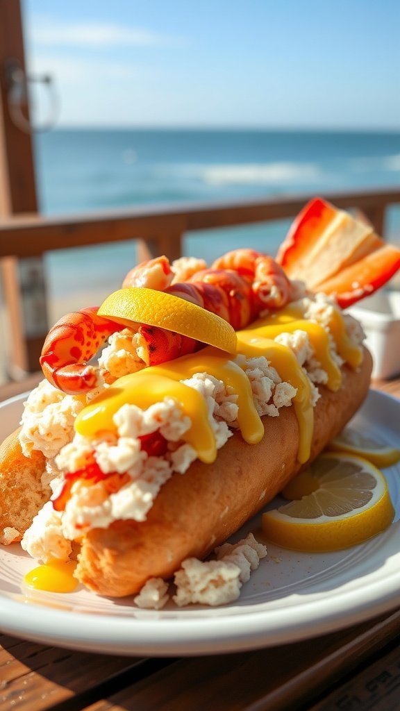 A delicious lobster roll topped with lemon butter and garnished with lemon slices, set against a beach backdrop.