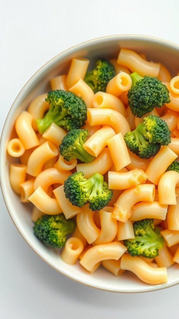 A bowl of macaroni and cheese with broccoli
