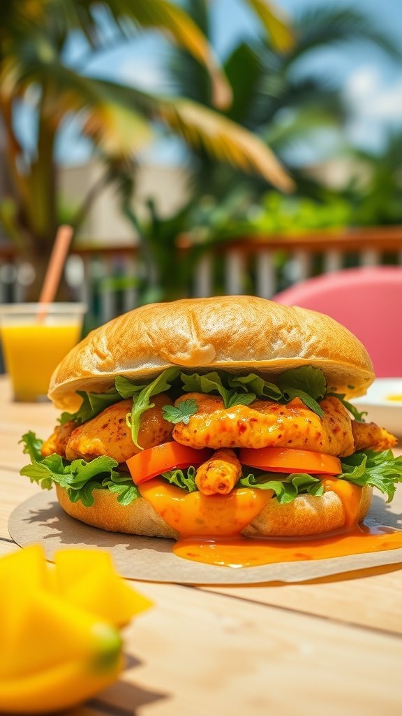 A delicious mango chicken sandwich with grilled chicken, lettuce, and tomato, served with a refreshing drink in a tropical setting.