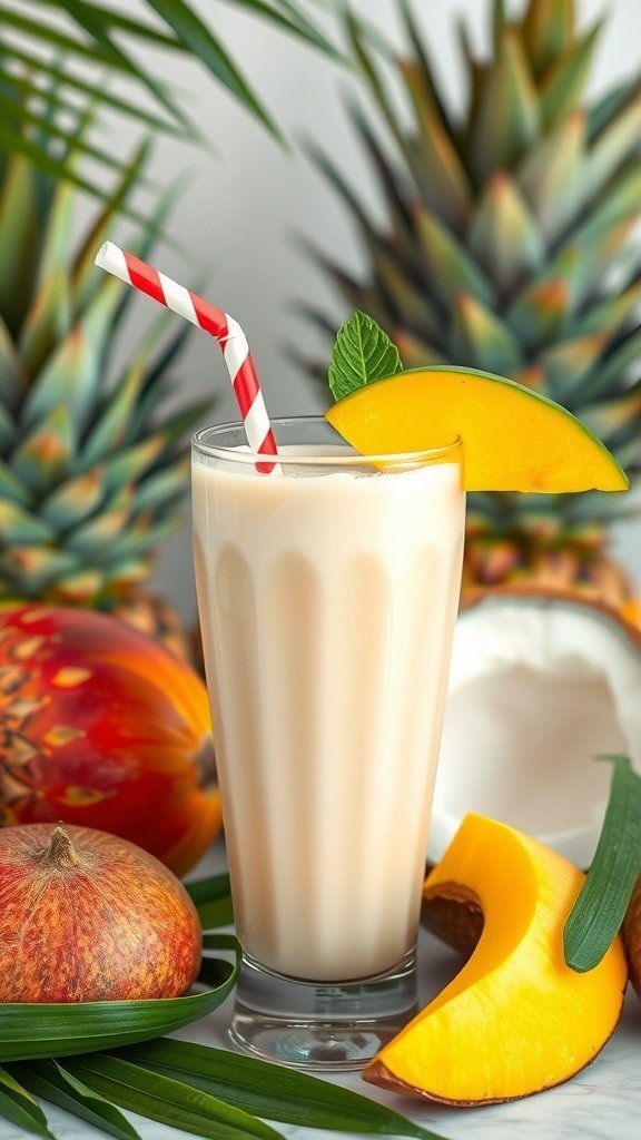 A mango coconut smoothie in a tall glass with a red and white straw, garnished with a slice of mango and mint, surrounded by fresh fruits.