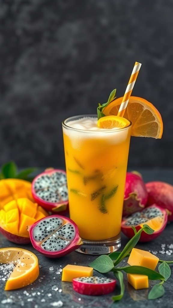 A refreshing Mango Dragonfruit Refresher drink with a colorful assortment of mango and dragonfruit around it.