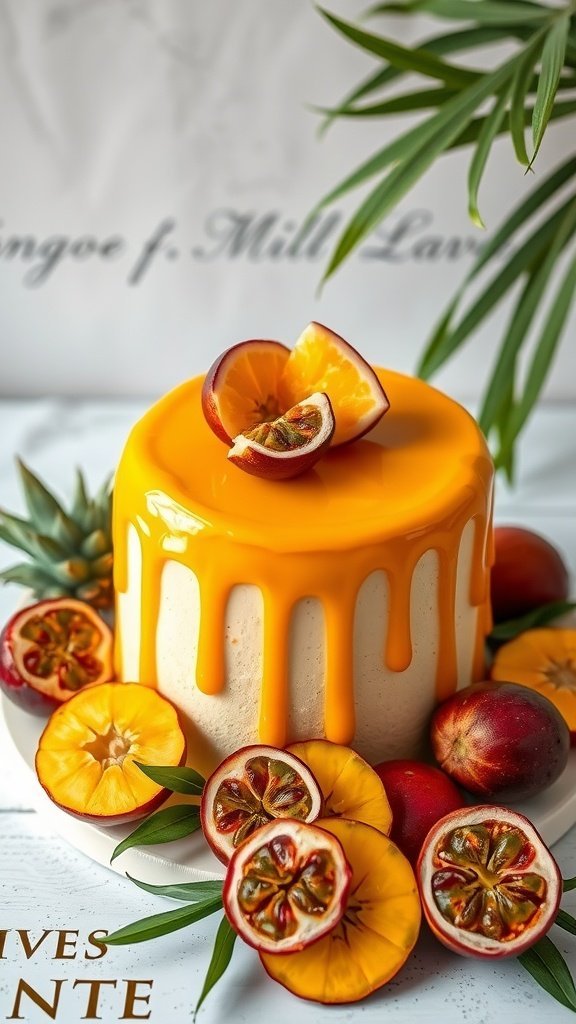 A beautifully decorated mango mousse cake with passion fruit glaze, garnished with mango slices and passion fruits.