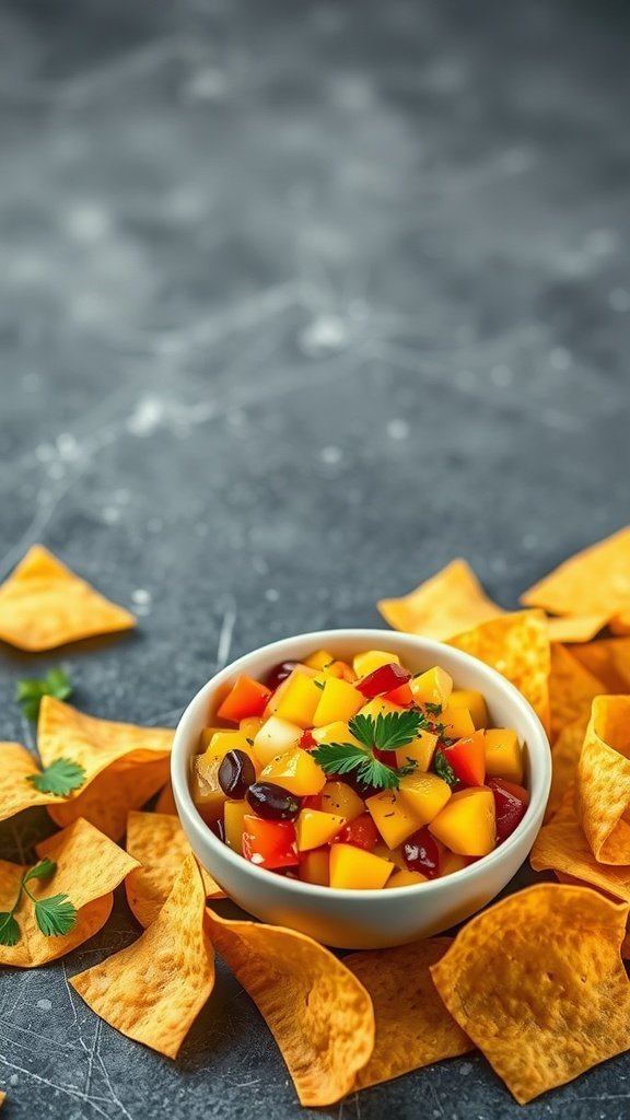 A bowl of mango salsa with tortilla chips surrounding it