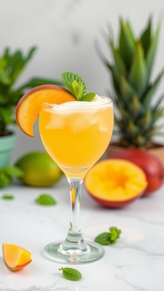 A refreshing Mango Tango Margarita in a glass, garnished with a slice of mango and mint, set against a backdrop of tropical plants.