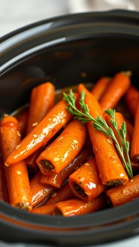 Crock pot filled with Maple Dijon glazed carrots garnished with herbs