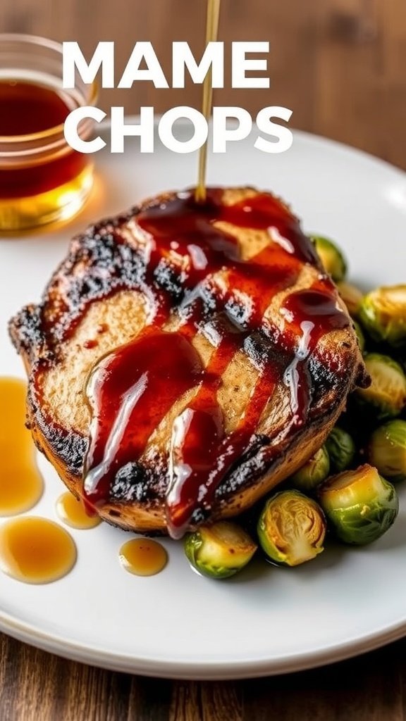 A plate of maple glazed pork chops served with Brussels sprouts.