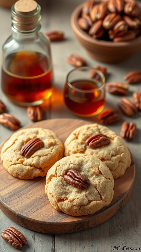 Image of maple pecan cookies on a wooden plate, surrounded by pecans and a bottle of maple syrup.