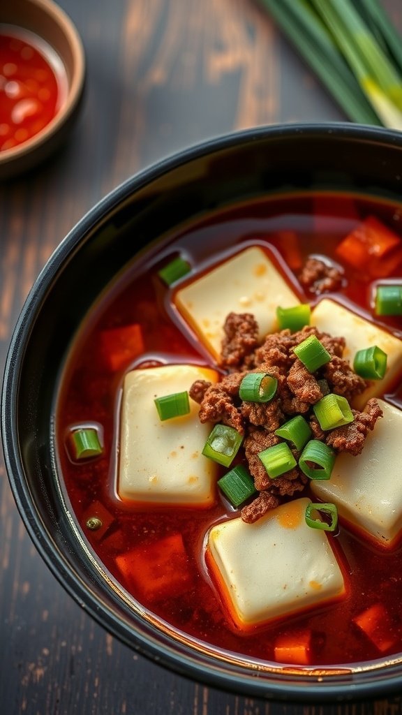 Bowl of Mapo Tofu with spicy sauce, topped with ground meat and green onions.