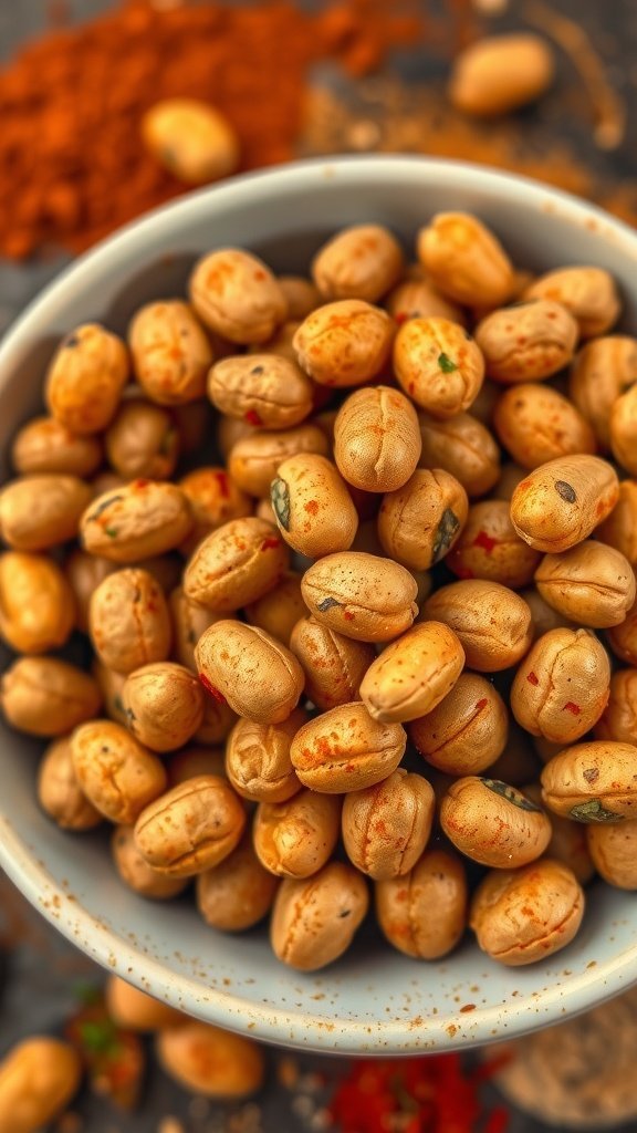 A bowl of masala peanuts surrounded by spices.