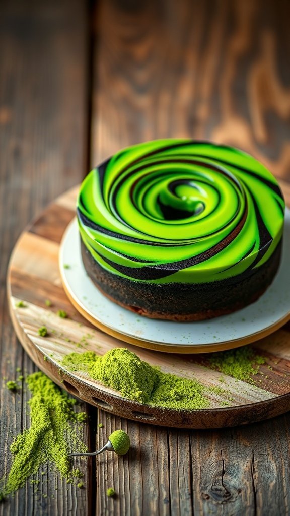 A visually striking Matcha Chocolate Swirl Cake with vibrant green and black swirls, displayed on a wooden platter with matcha powder scattered around.