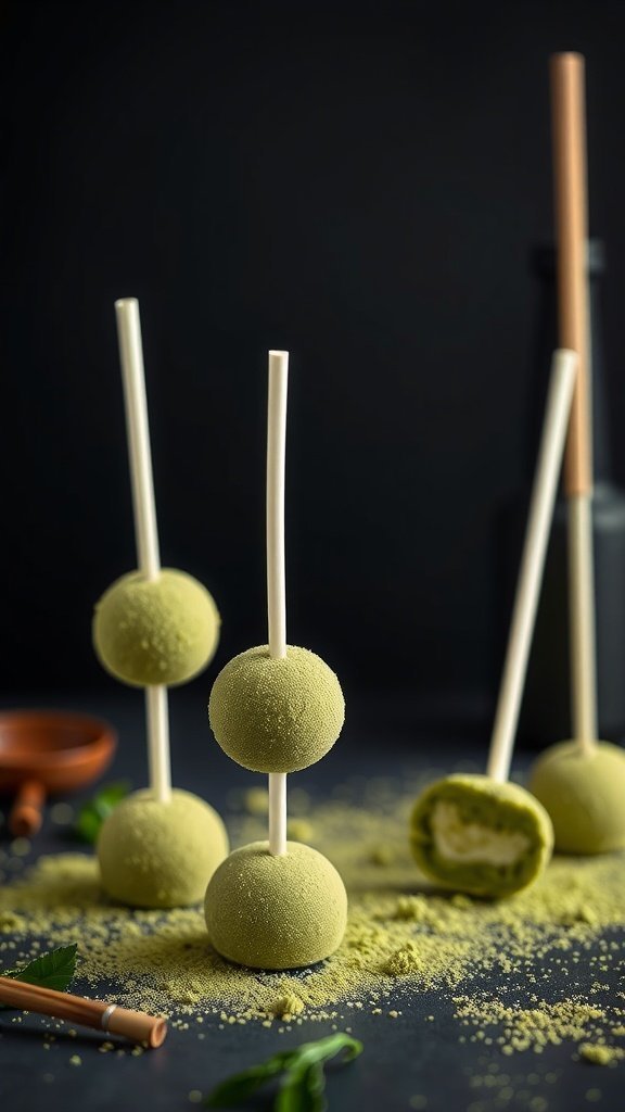 Matcha green tea cake pops arranged with a sprinkle of matcha powder on a dark background.