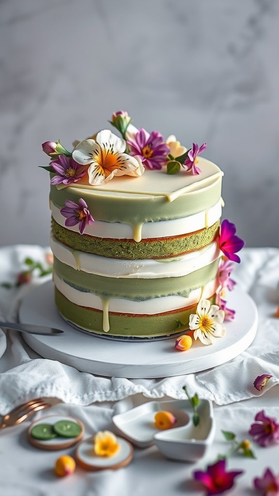 A beautifully layered matcha green tea cake topped with white chocolate and adorned with colorful edible flowers.