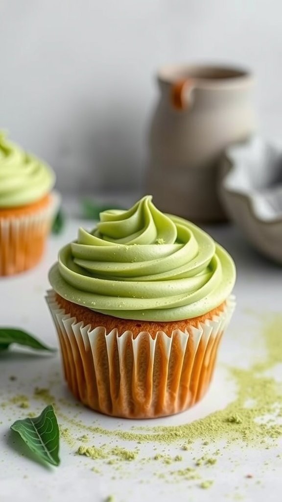 A beautifully swirled matcha green tea cupcake with an orange base, surrounded by matcha powder and leaves.