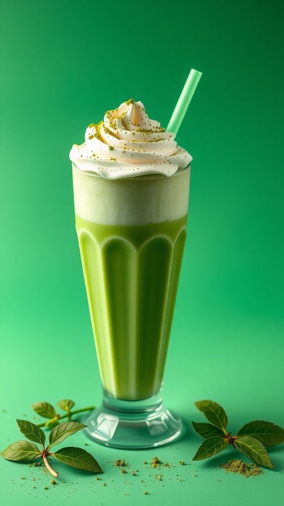 A vibrant Matcha Green Tea Frappuccino topped with whipped cream and matcha powder, set against a green background.
