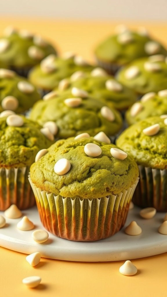 A display of matcha green tea muffins topped with white chocolate chips on a plate, set against a light orange background.