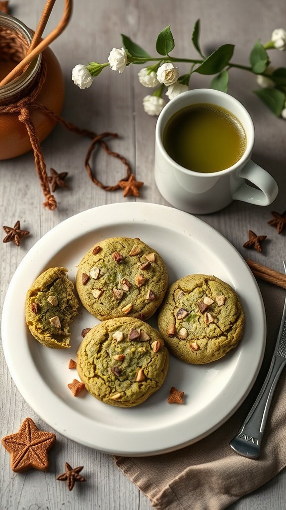 Matcha green tea no bake cookies on a white plate with a cup of green tea and decorative elements around.