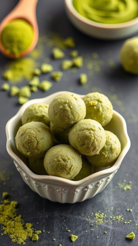 A bowl of matcha no bake energy balls surrounded by matcha powder and chocolate chips.