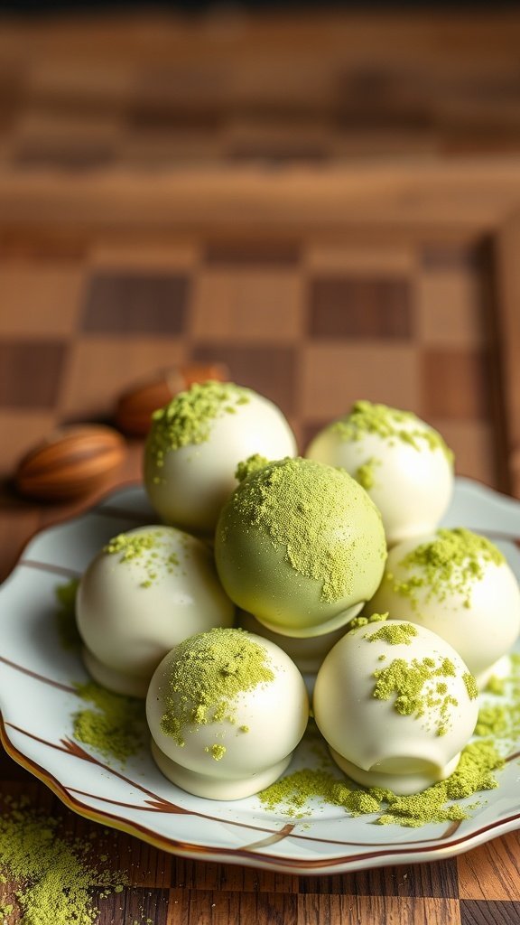 A plate of Matcha White Chocolate Truffles coated with matcha powder, displayed on a wooden table.