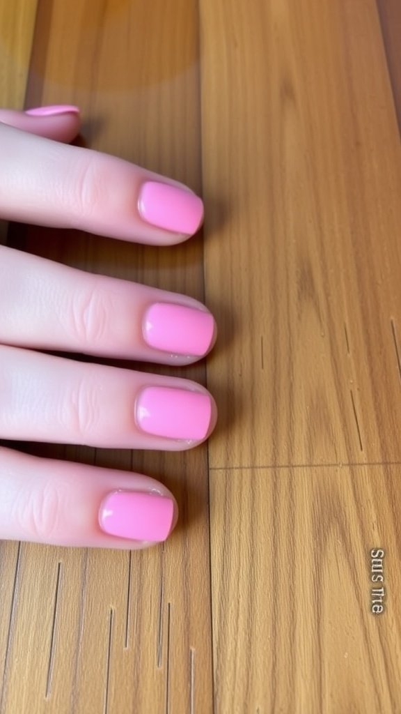 Two pink nail tips, one matte and one glossy, placed on a wooden surface.