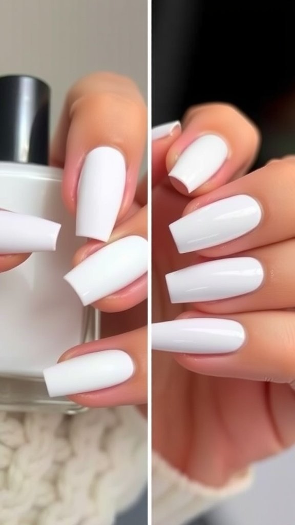 Close-up of beautifully manicured white nails with a shiny finish