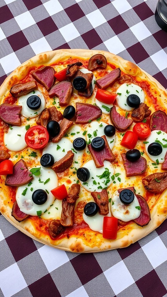 A delicious Meat Lovers Supreme pizza topped with various meats, olives, and vegetables, on a checkered tablecloth.