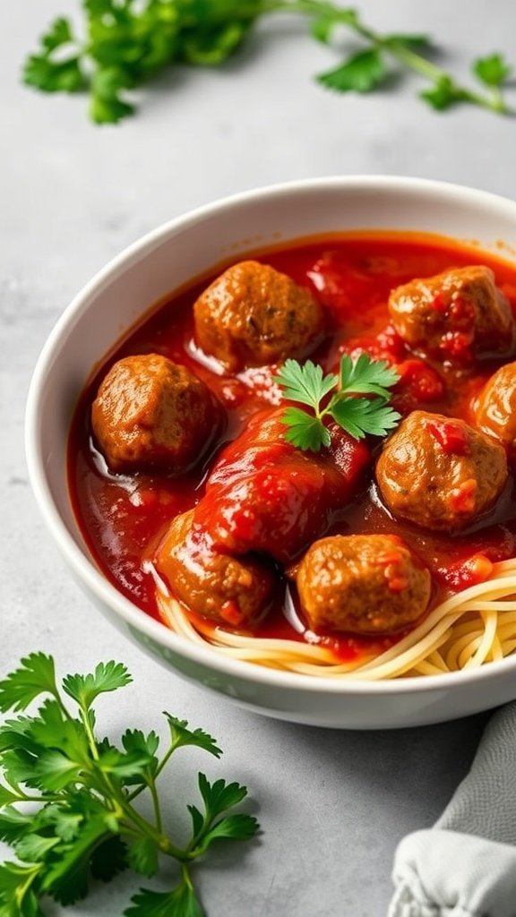 A bowl of meatballs in marinara sauce served with spaghetti and garnished with parsley.
