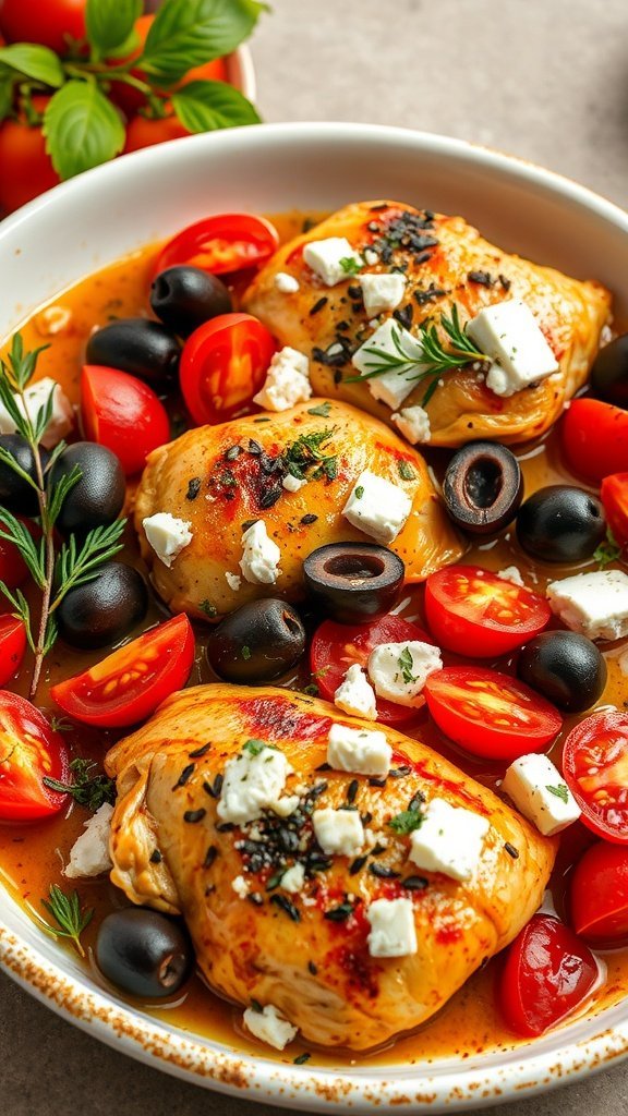 Mediterranean baked chicken with black olives, cherry tomatoes, and feta cheese