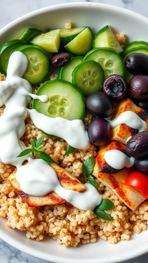 A Mediterranean chicken bowl with grilled chicken, cucumbers, olives, and yogurt sauce on a bed of couscous.