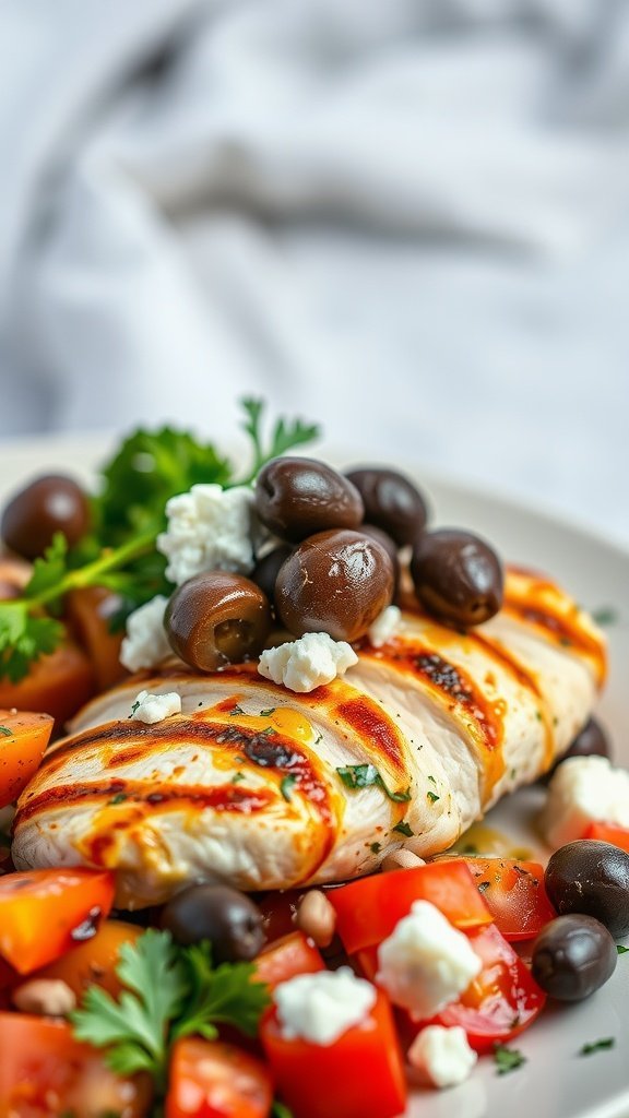 Grilled chicken breast topped with olives and feta cheese, served with cherry tomatoes and parsley.