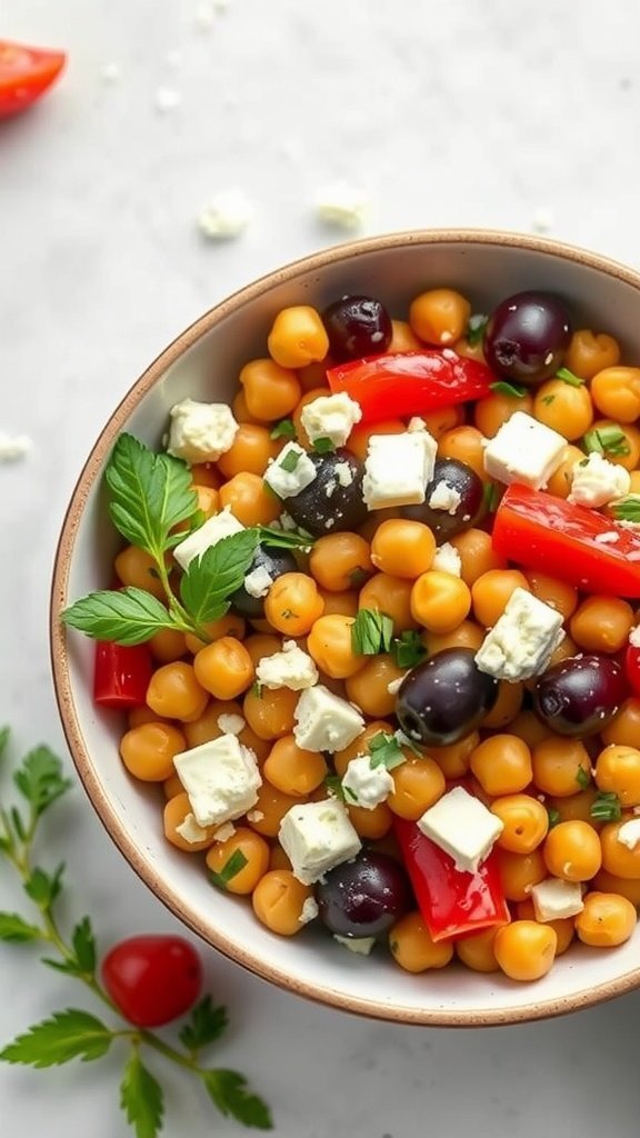 A bowl of Mediterranean Chickpea Salad with chickpeas, red bell peppers, black olives, feta cheese, and fresh herbs.