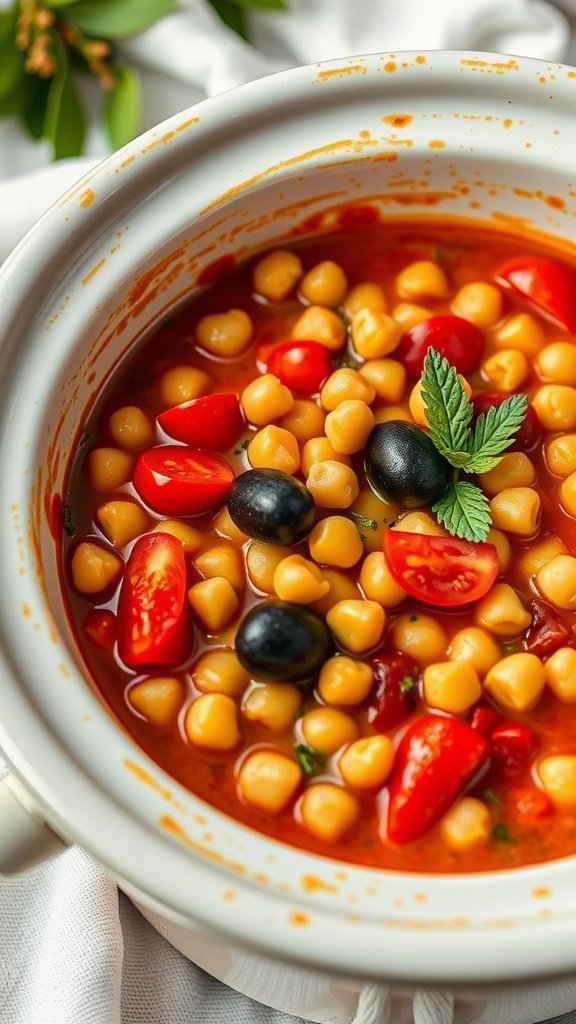 A close-up view of Mediterranean Chickpea Stew with chickpeas, tomatoes, black olives, and herbs in a white crock pot.