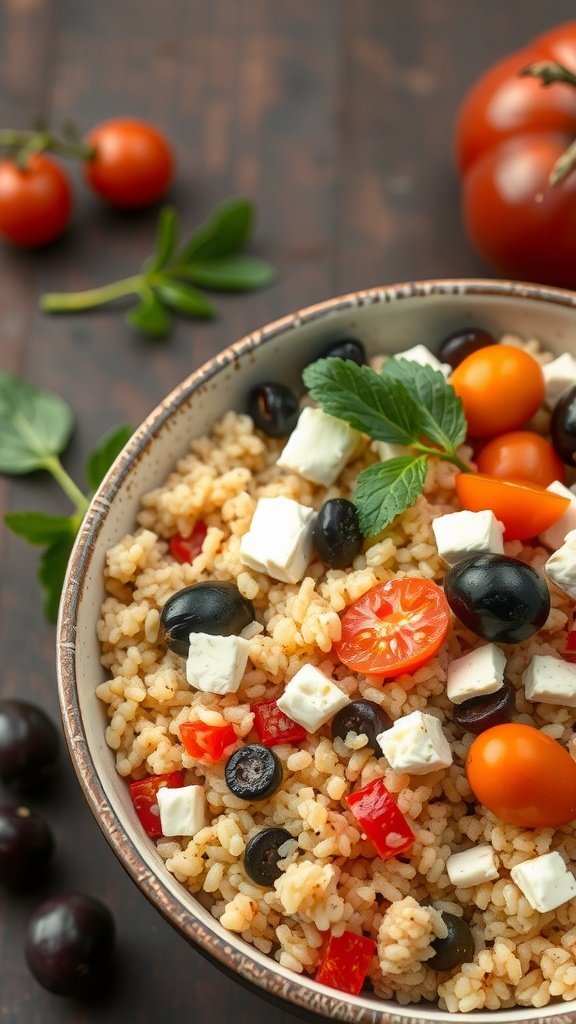 A bowl of Mediterranean couscous with cherry tomatoes, olives, feta cheese, and mint leaves.
