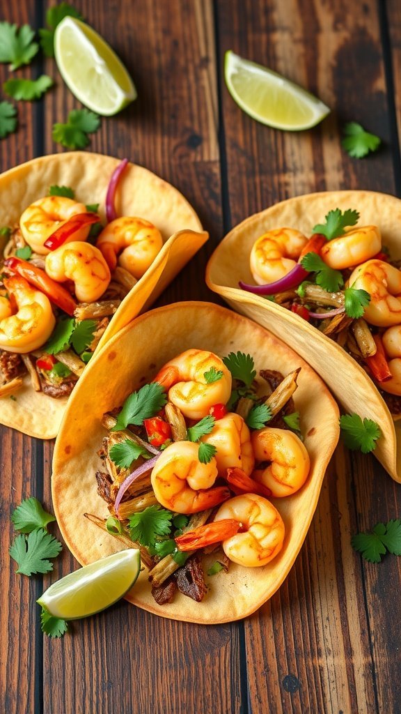 Three Mediterranean grilled shrimp tacos filled with shrimp, vegetables, and garnished with cilantro, lime wedges on the side.