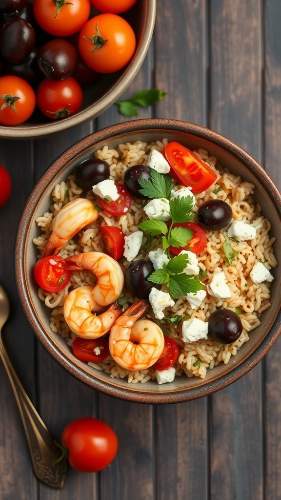 A Mediterranean Shrimp and Rice Bowl with colorful ingredients including shrimp, cherry tomatoes, olives, and feta cheese.