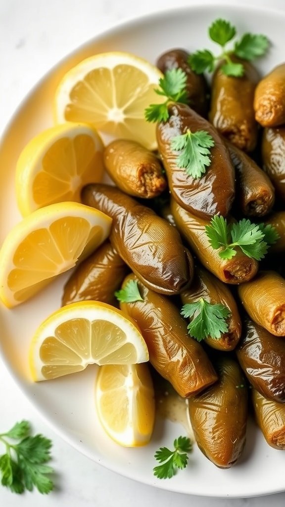 Plate of Mediterranean stuffed grape leaves with lemon slices and cilantro