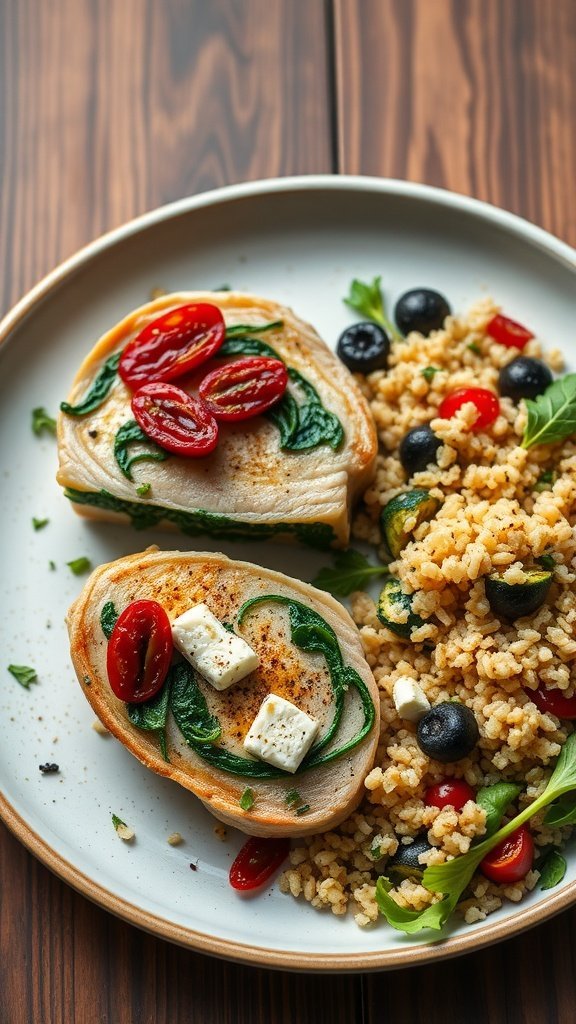 Mediterranean stuffed pork chops with spinach, tomatoes, and feta cheese, served with a couscous salad.