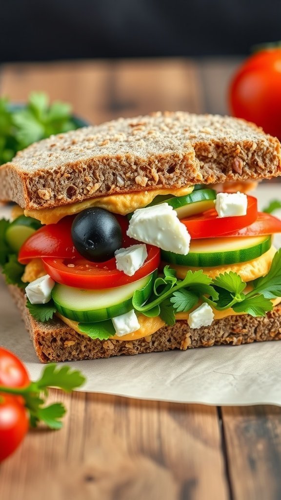 A close-up of a Mediterranean veggie sandwich with tomatoes, cucumbers, olives, and cheese on whole grain bread.