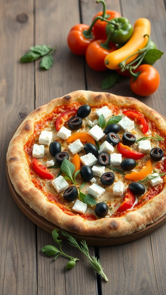 A Mediterranean Veggie Pizza topped with olives, feta, and colorful peppers, with fresh vegetables in the background.