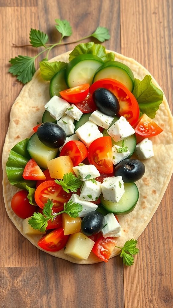 A Mediterranean Veggie Wrap filled with fresh vegetables, feta cheese, and herbs