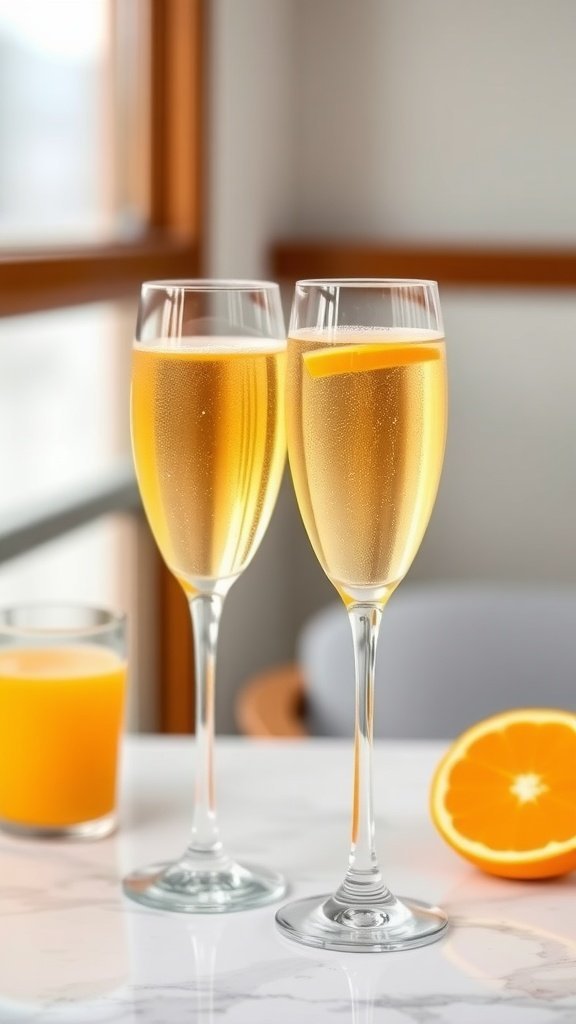 Two glasses of mimosas with freshly squeezed orange juice, a glass of orange juice, and a sliced orange on a table.
