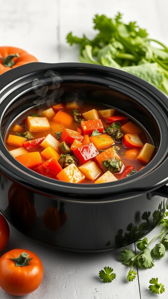 A black crock pot filled with colorful minestrone soup containing potatoes, bell peppers, and greens, with fresh tomatoes and cilantro around it.