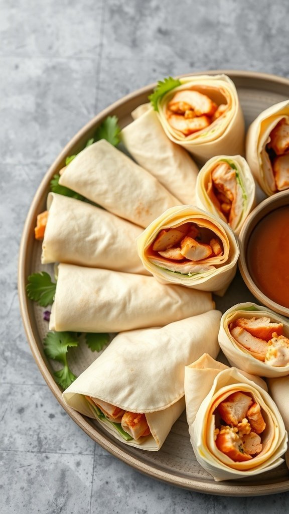 A plate of neatly arranged mini chicken wraps with a side of dipping sauce