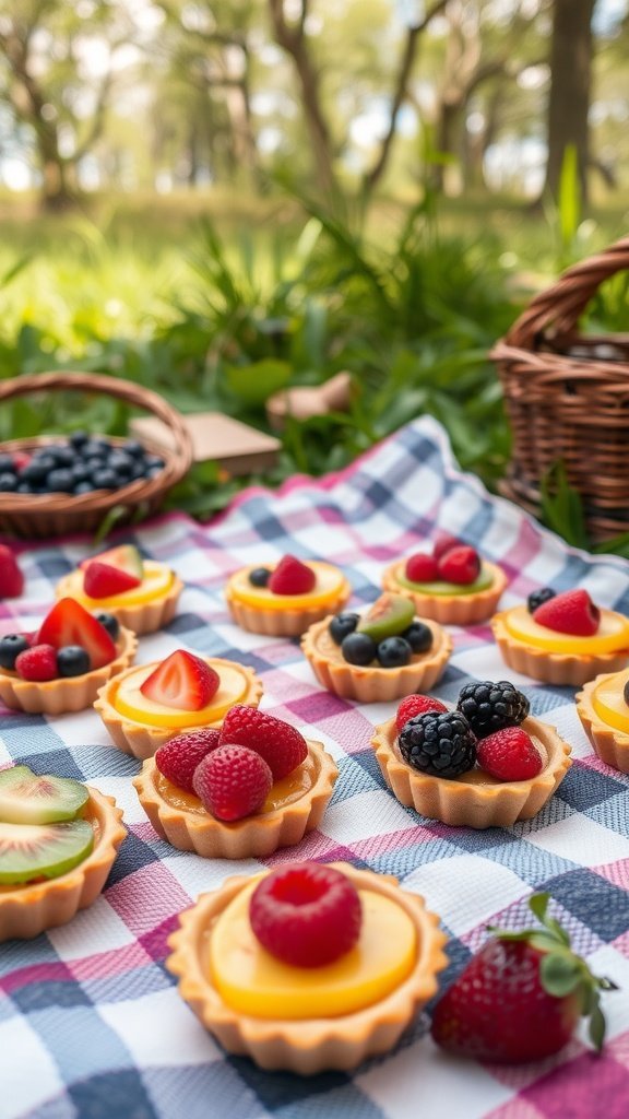 A picnic scene featuring assorted mini fruit tarts on a checkered blanket, surrounded by fresh berries in baskets.