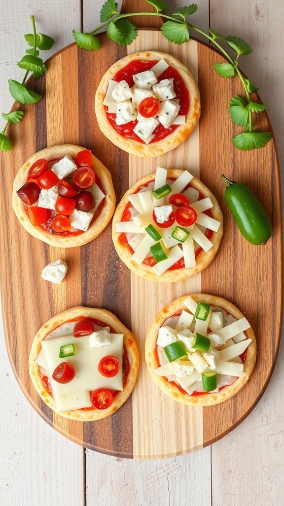 Mini pita pizzas topped with tomatoes, cheese, and herbs on a wooden board.