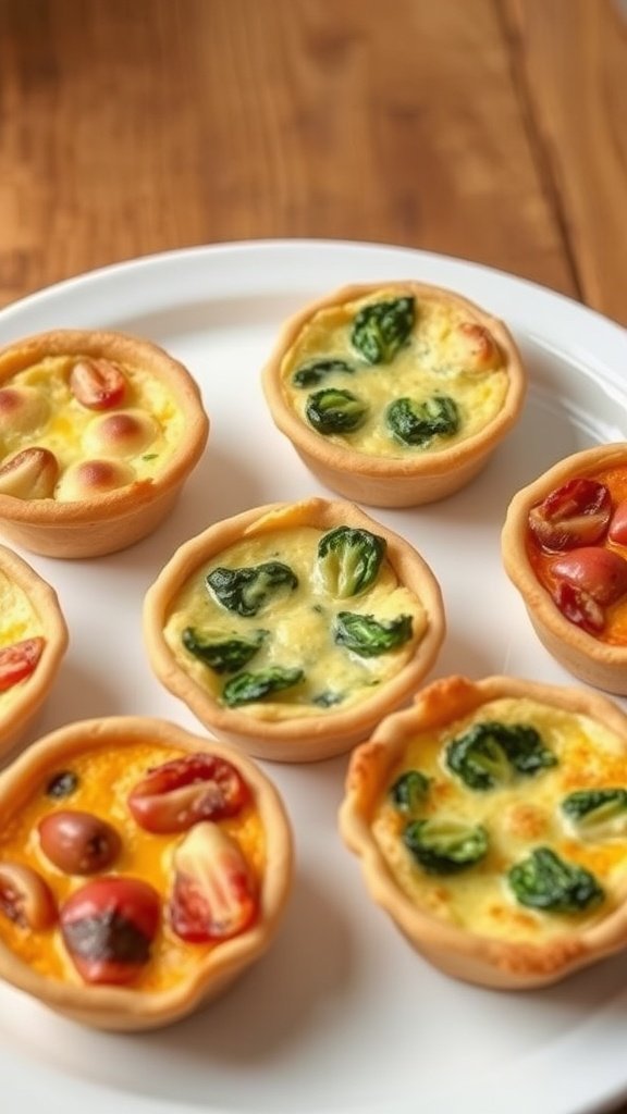 A plate of assorted mini quiches with spinach and tomatoes.