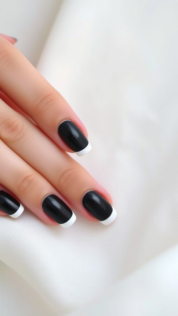 Three glossy black false nails on a white textured fabric