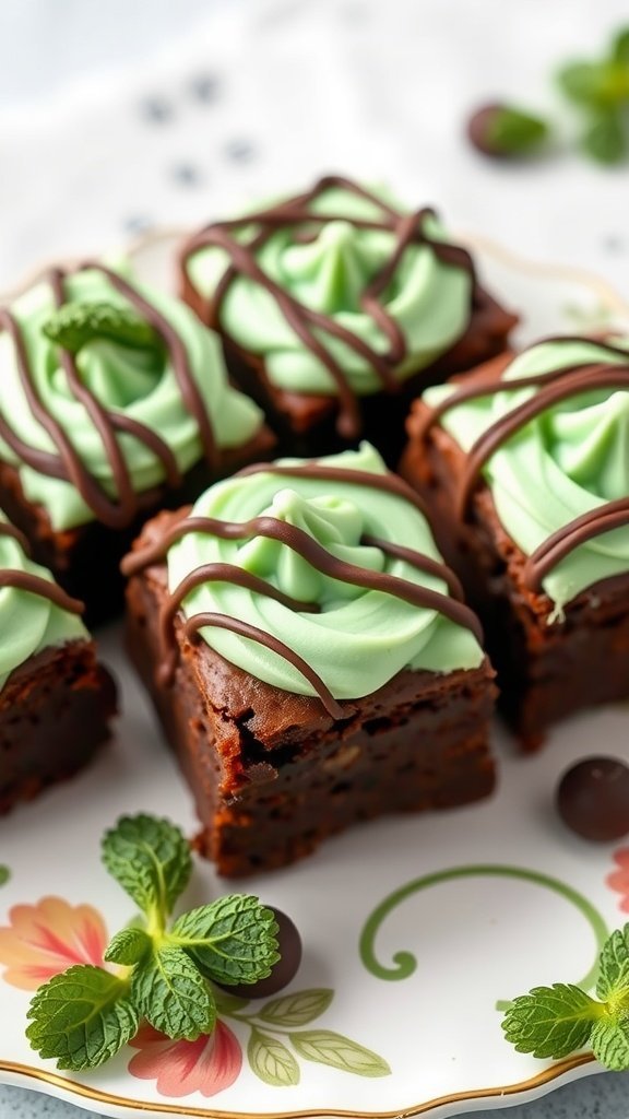 Mint chocolate brownies with mint frosting and chocolate drizzle on a decorative plate