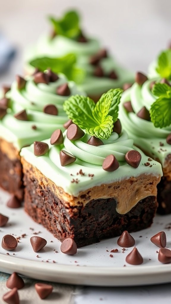 Mint chocolate chip brownies topped with mint frosting and chocolate chips