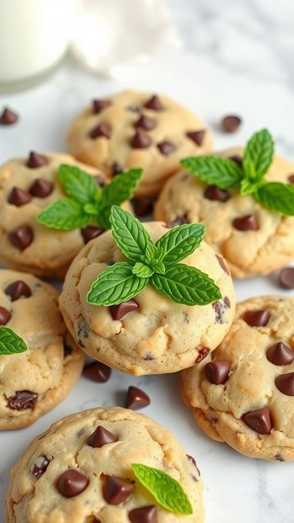 A close-up of mint chocolate chip cookies with mint leaves and chocolate chips