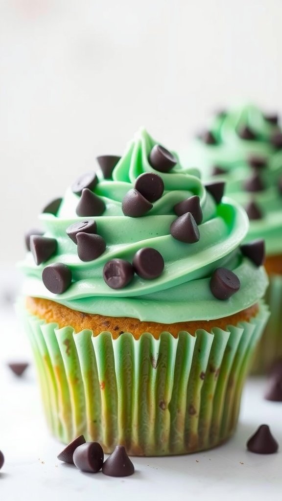 Close-up of mint chocolate chip cupcakes with green frosting and chocolate chips on top